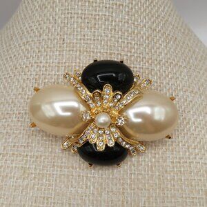 Joan Rivers Signed Brooch Vintage Faux Pearl Black and Gold Tone Rhinestones
